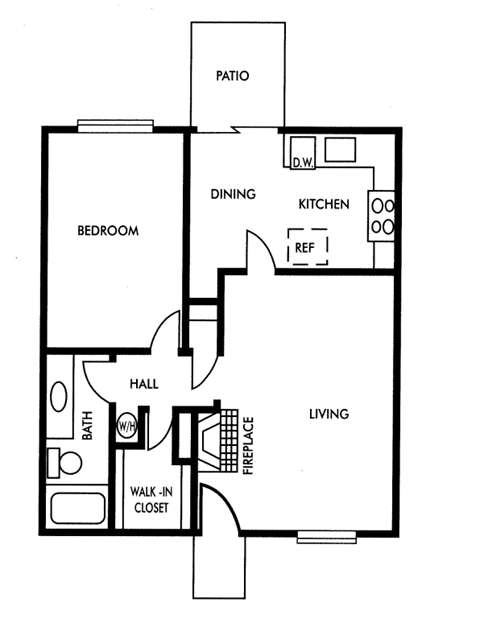 Floor plan for 1 bed, 1 bath, 686 sqft